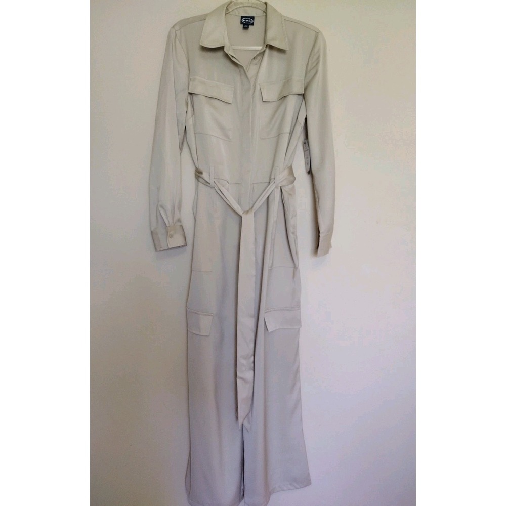 Scoop Jumpsuit Woman Medium Beige Flare Long Sleeves Collared Belted Silky - Picture 2 of 8